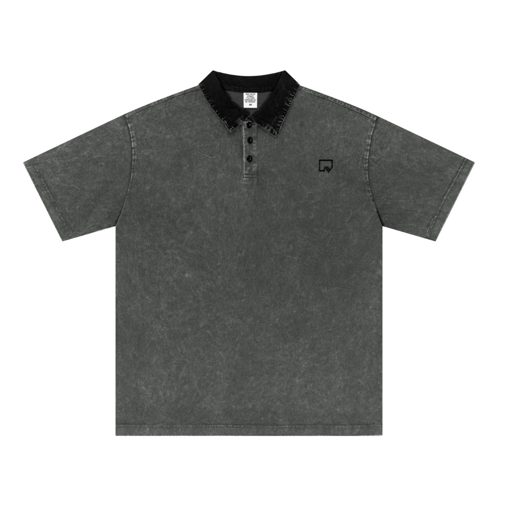 285GSM Unisex Vintage-Washed Unisex  100% Cotton Twill Polo T-Shirt Dark Grey Black
